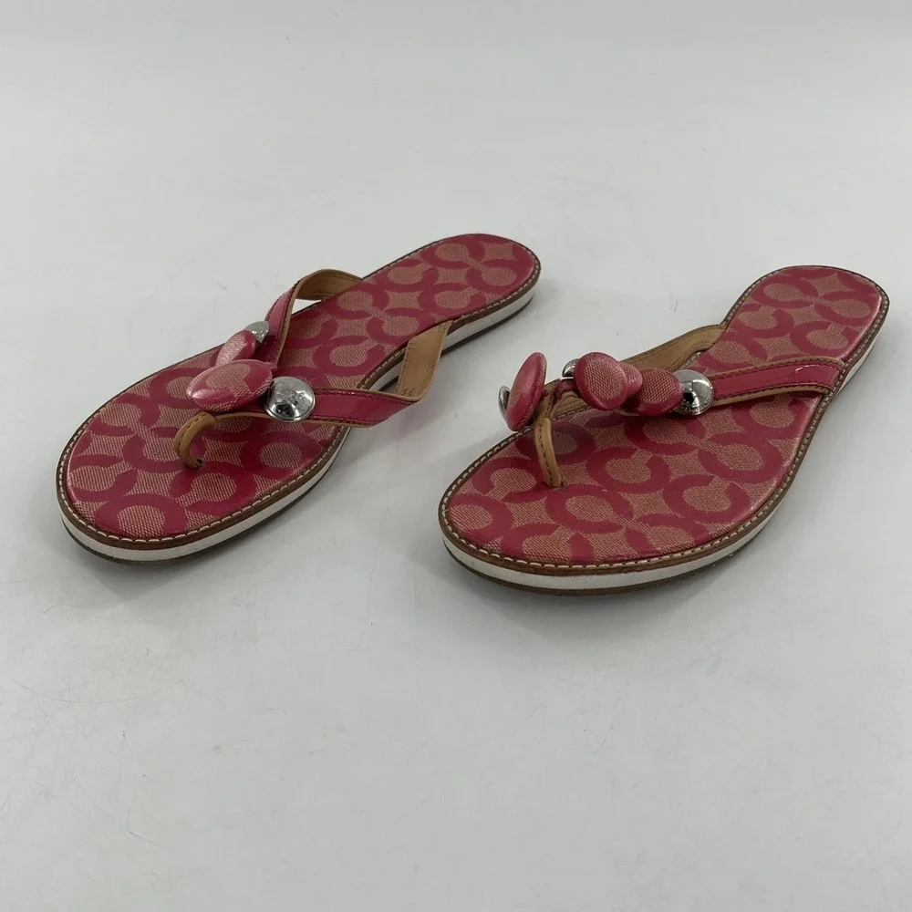 Coach Womens Signature Coated Canvas‎ Flip Flop Thong Patent Button Melon 8.5